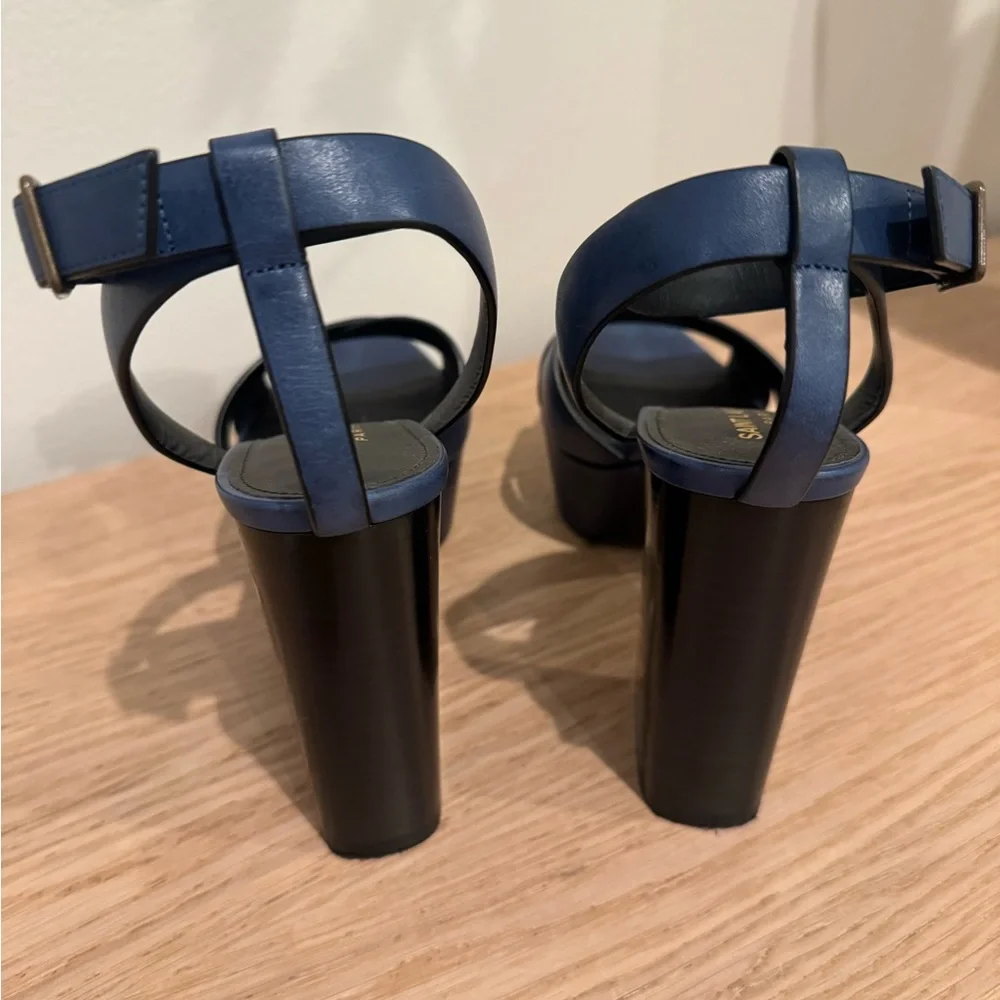 Saint Laurent Blue Leather Crisscross Block Heel Sandals - Picture 5 of 15
